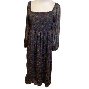 Forever 21 Plus Smocked Bodice Floral Maxi Dress Long Sleeve Square Neck